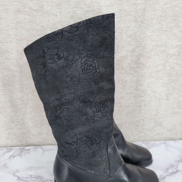 Makron Suela Black Leather and Floral Suede Semi Slochy Women's Boots - Picture 3 of 15
